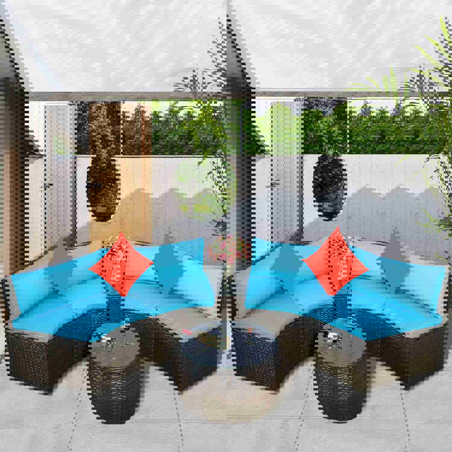 TOPMAX 4-Piece Outdoor Half-Moon Sectional Wicker Sofa Set with Coffee Table and Pillows