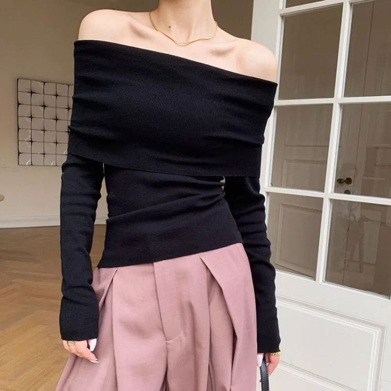 Nukty Black Solid Off Shoulder Elegant Long Sleeve Tops for Women