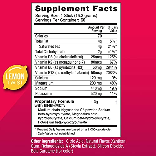 Real Ketones Prime D Exogenous Keto D BHB + MCT + Electrolytes - Lemon Twist Drink Mix Powder (60 Packets)