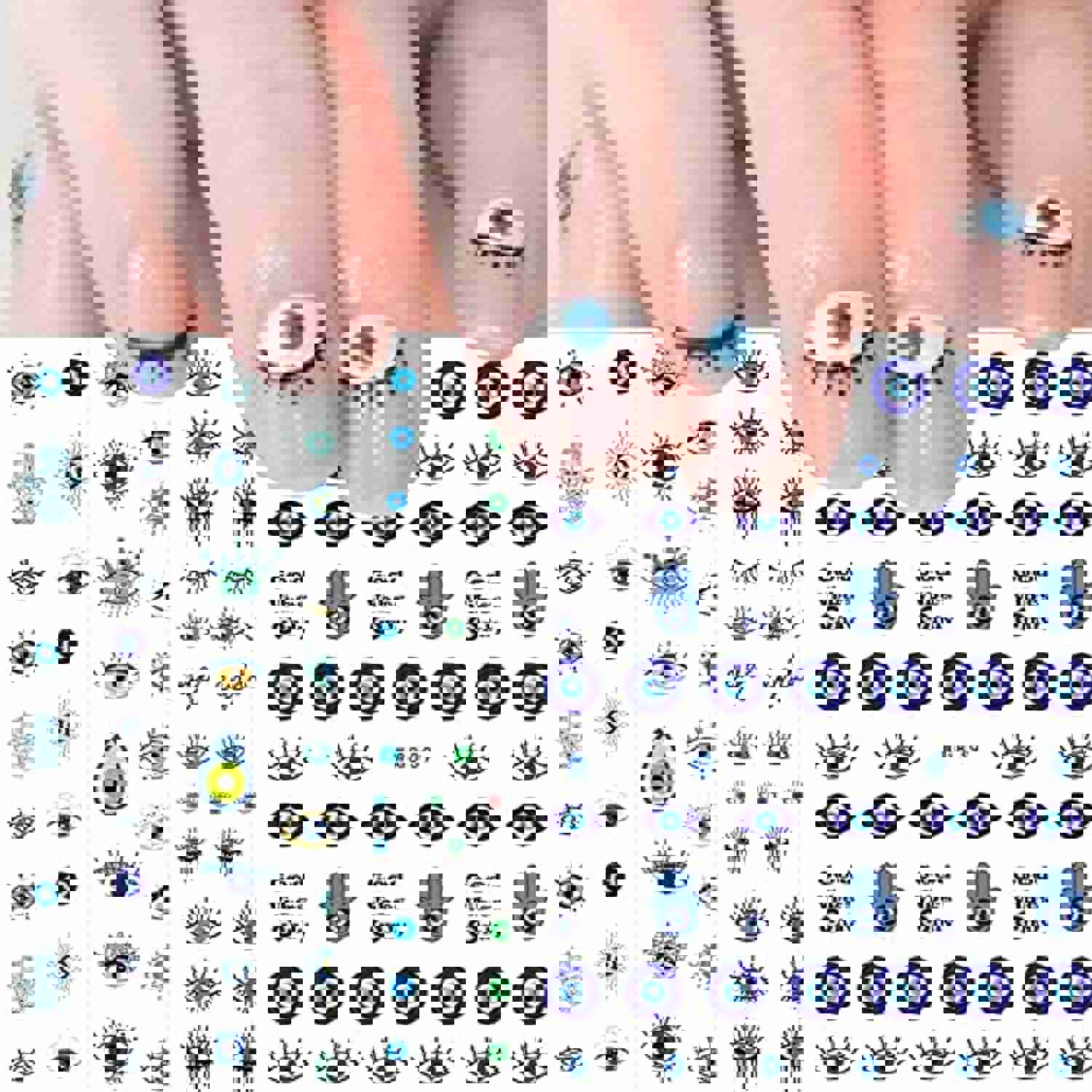 Evil Eyes Nail Art Stickers Decals - 7 Sheets 3D Self-Adhesive Nail Decorations with Turkish Blue Eye Khamsah Hand of Fatima Cartoon Design