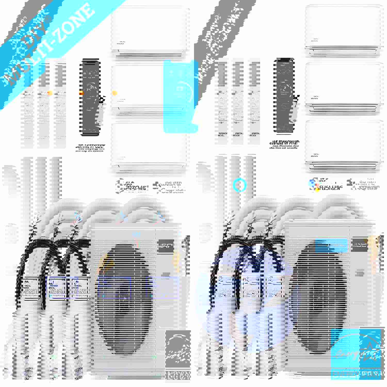 MRCOOL DIY 4th Gen 27K BTU 3-Zone Condenser with 9K+9K+9K Handlers and Linesets Bundle