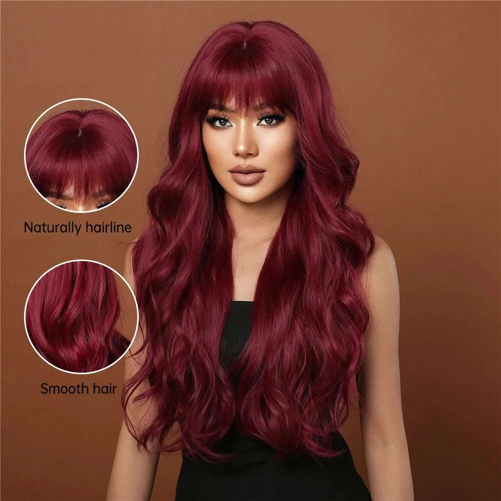 Wine Red Long Burgundy Wavy Wigs for Women with Bangs - Heat Resistant Synthetic Hair for Cosplay & Daily Use