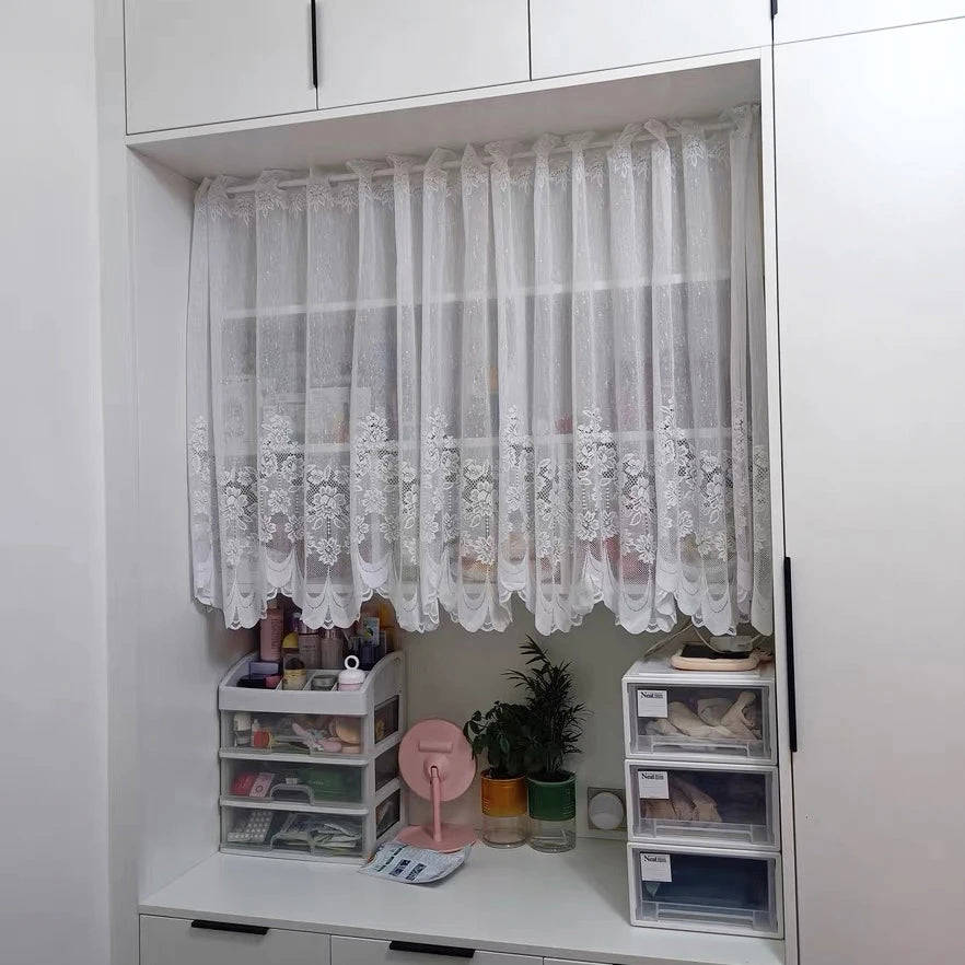 1pc White Lace Sheer Curtain for Dining Room, Kitchen, Cafe, Voile Valance Short Window Treatment