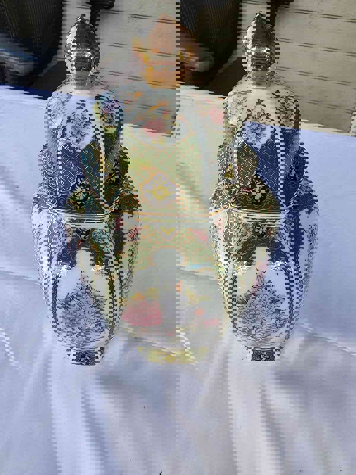 Vintage Japanese Famille Verte Green & Gold Birds Flowers Ginger Jar