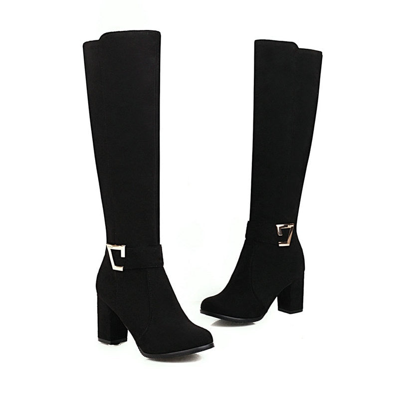 Llyge 2023 New Faux Suede Women Knee High Boots with Buckle and Square Heel for Autumn Winter