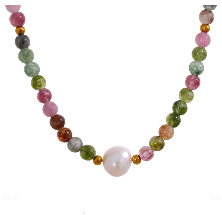 Josslyn Natural Tourmaline & Pearl Necklace - 18K Gold PVD Gemstone Necklace