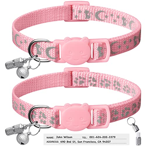 LLHK 2 Pack Breakaway Cat Collars with Reflective Safety & Bell, Adjustable 7-12, Includes 2 Personalized ID Tags