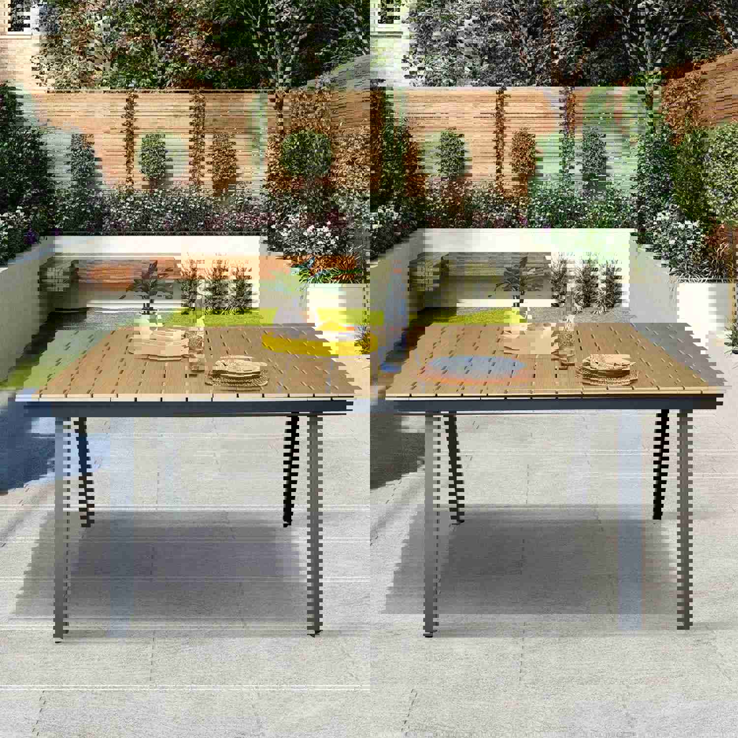 Outdoor Dining Table - Aluminum Frame with Resin Wood Slat Table Top, Patio Rectangular Table with Umbrella Hole
