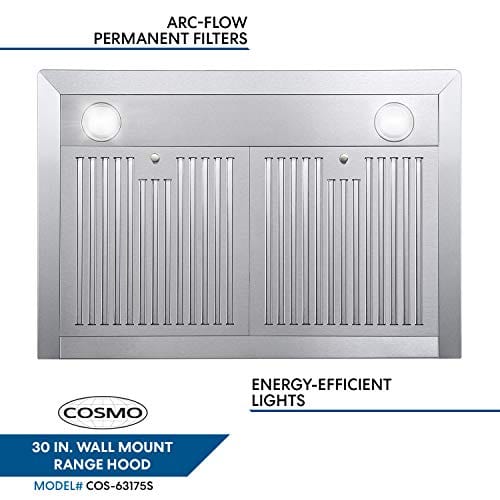 Cosmo 63175S 30 Inch 380 CFM Stainless Steel Wall Mount Kitchen Range Hood with Digital Push Control & LED Lighting
