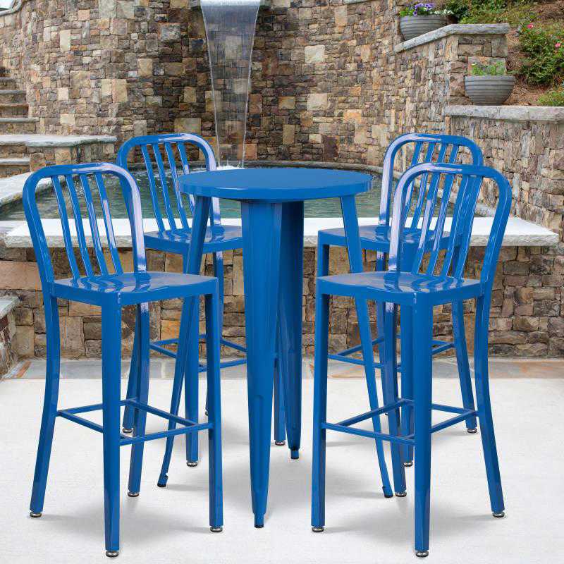 Richard Commercial Grade 24 Round Blue Metal Indoor-Outdoor Bar Table Set with 4 Stools