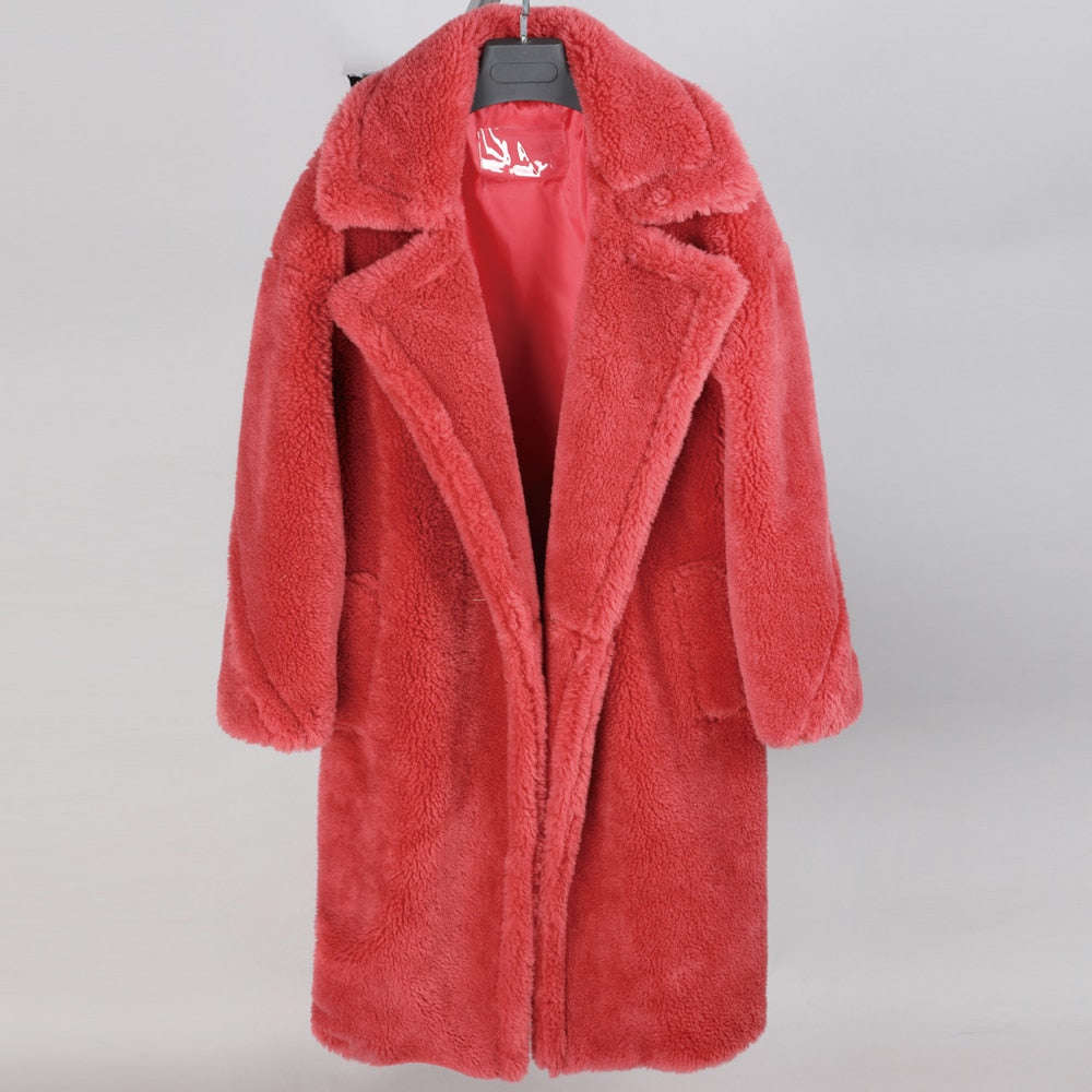 2020 Fashion Women's Winter Jacket - Natural Wool Sheepskin Long Teddy Bear Coat with Real Fox Fur