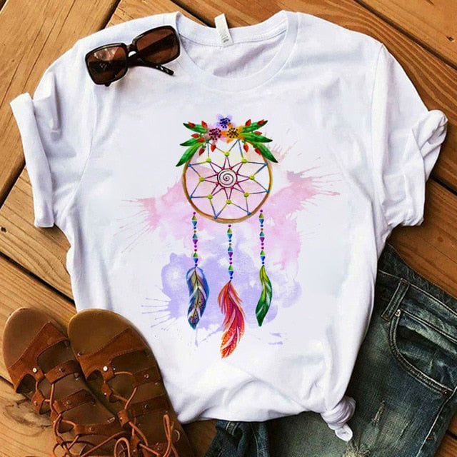 Women's Flower Dreamcatcher T-shirt - Harajuku O-Neck Casual Top