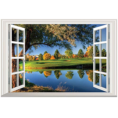 DNVEN 24x16 Inches 3D HD Peaceful Lake Nature Scenery Window Mural Vinyl Wall Decal