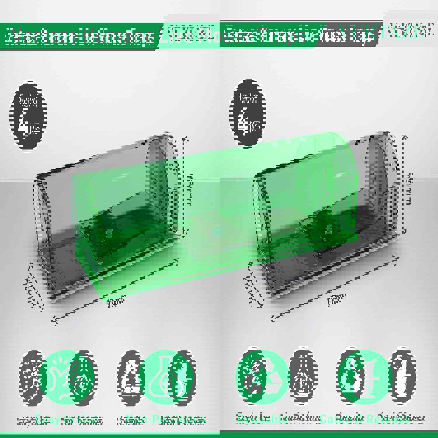 Vertaze Humane Mouse Traps Indoor for Home - Catch and Release Reusable No Kill Multiuse Live Mouse Traps (4 Pack)