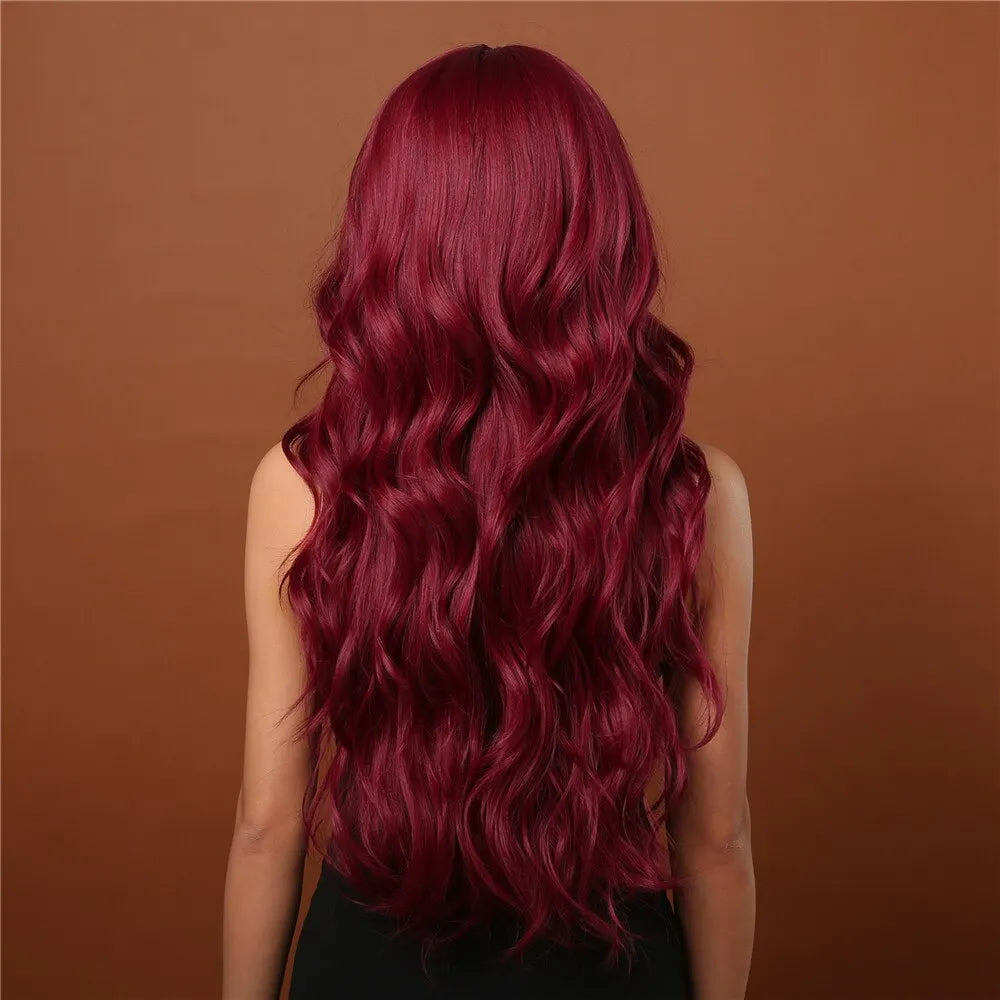 Wine Red Long Burgundy Wavy Wigs for Women with Bangs - Heat Resistant Synthetic Hair for Cosplay & Daily Use
