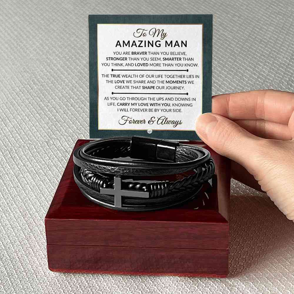 Mens Braided Leather Bracelet with Cross - Special Gift for Christmas, Valentines Day, Anniversary or Birthday