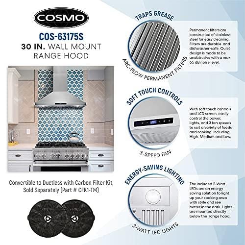 Cosmo 63175S 30 Inch 380 CFM Stainless Steel Wall Mount Kitchen Range Hood with Digital Push Control & LED Lighting