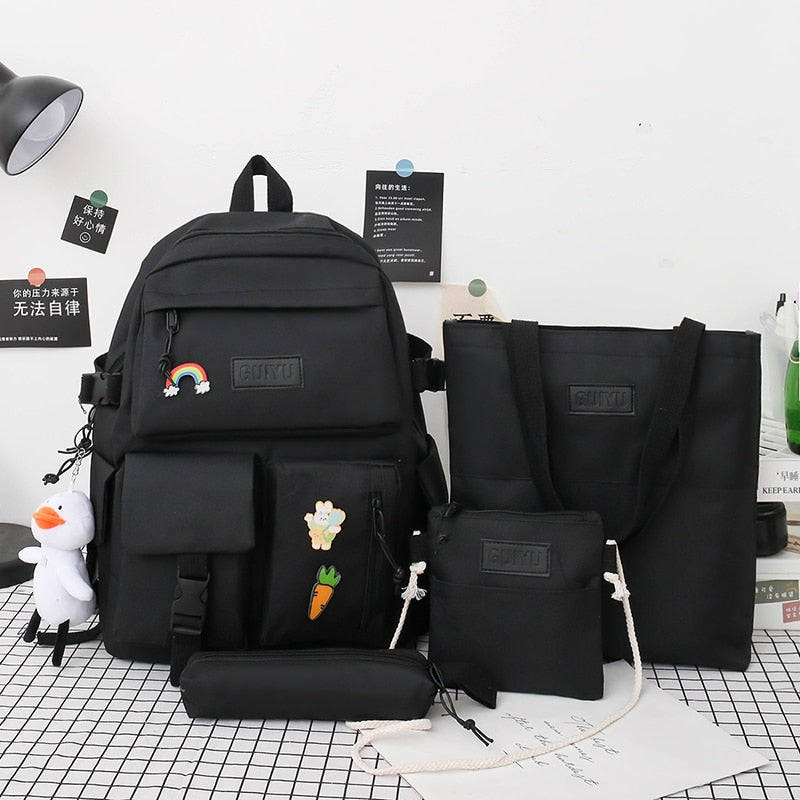 Wenkouban 4-piece Set Of Harajuku Style Fashion Women's Backpack Canvas Waterproof School Backpacks