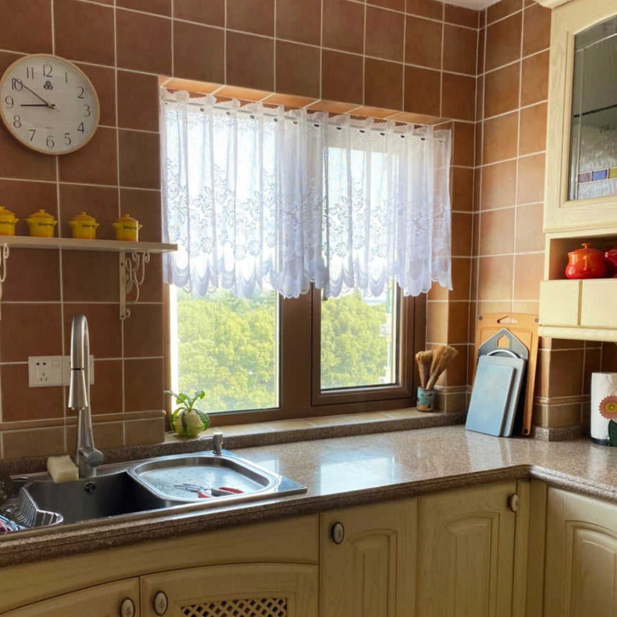 1pc White Lace Sheer Curtain for Dining Room, Kitchen, Cafe, Voile Valance Short Window Treatment