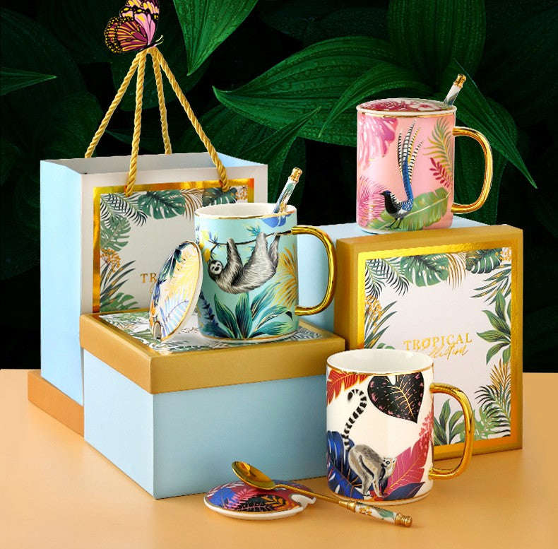 Large Capacity Jungle Animal Porcelain Mugs with Spoon and Cover in Gift Box