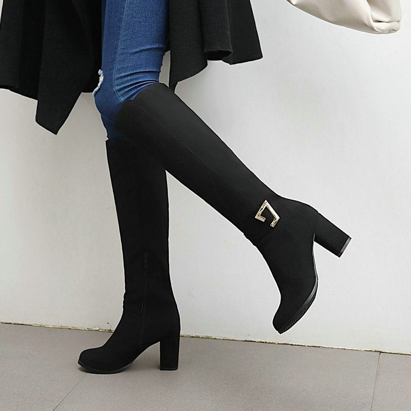 Llyge 2023 New Faux Suede Women Knee High Boots with Buckle and Square Heel for Autumn Winter
