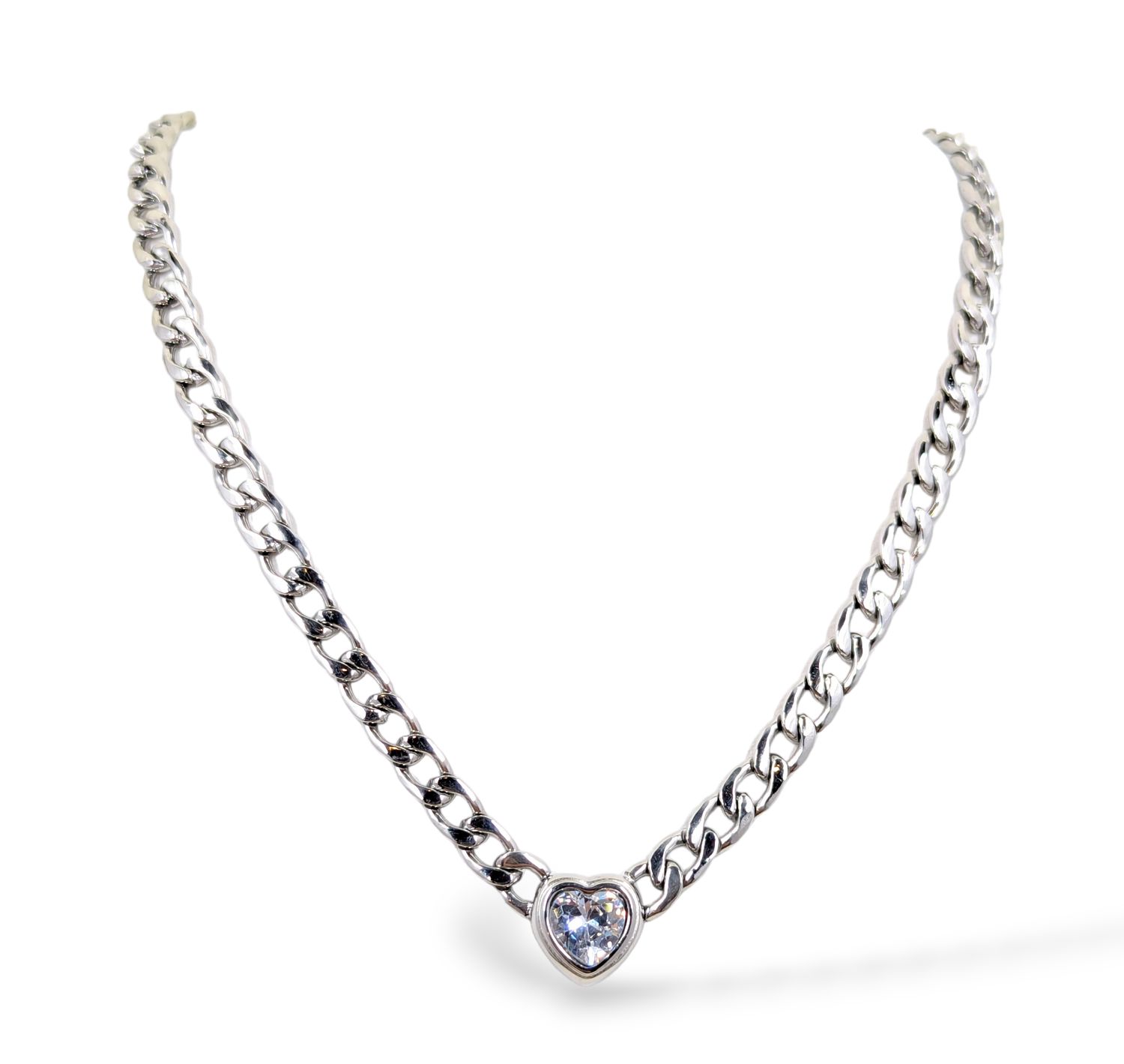 Allure of Affection Heart Necklace - Elegant Crystal Pendant with Cuban Chain