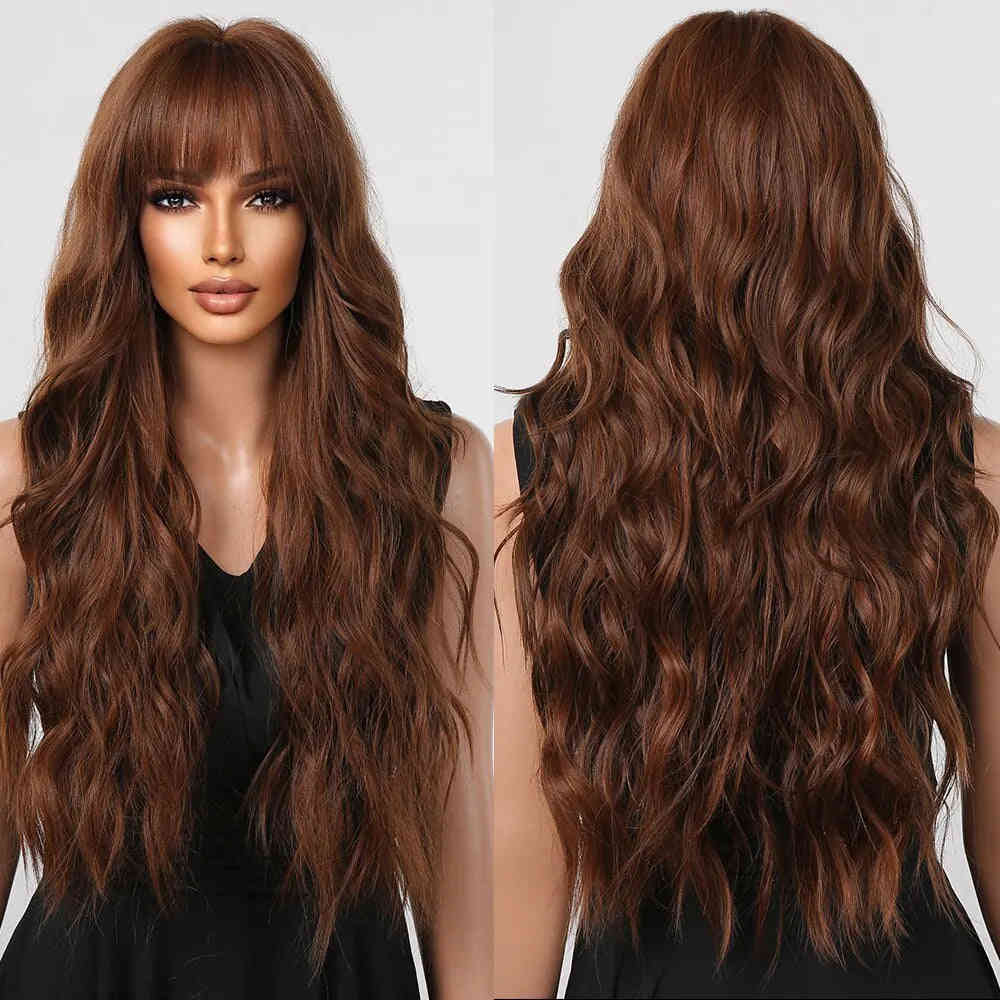 Wine Red Long Burgundy Wavy Wigs for Women with Bangs - Heat Resistant Synthetic Hair for Cosplay & Daily Use