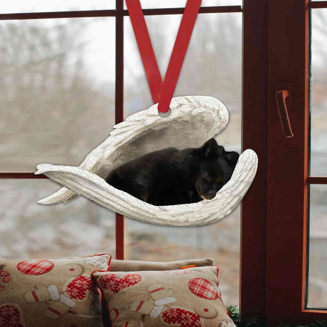 Black Pomeranian Sleeping Angel Wing - Memorial Dog Lover Rear View Mirror Car Accessory