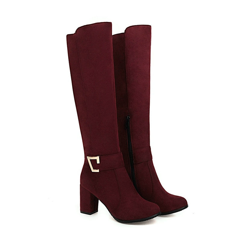 Llyge 2023 New Faux Suede Women Knee High Boots with Buckle and Square Heel for Autumn Winter