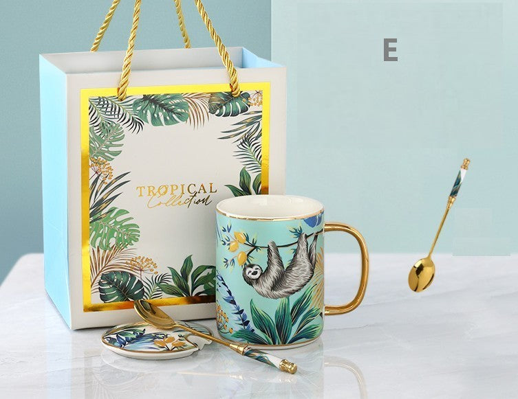 Large Capacity Jungle Animal Porcelain Mugs with Spoon and Cover in Gift Box