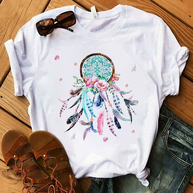 Women's Flower Dreamcatcher T-shirt - Harajuku O-Neck Casual Top