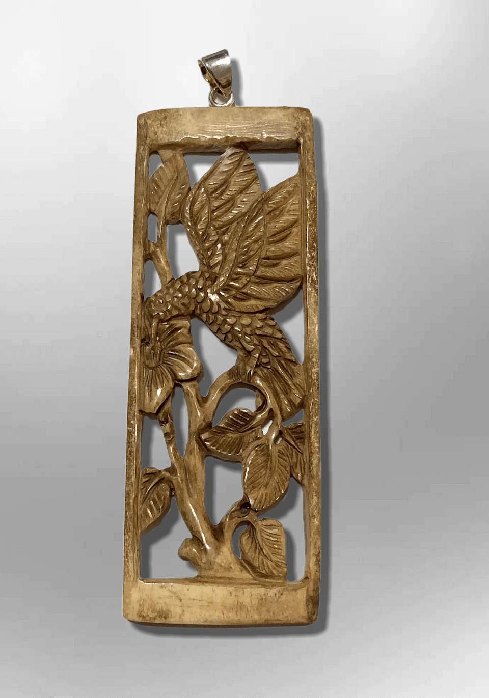 Bone Carved Handmade Long Hollow Rectangle Leaf Hummingbird Flower Pendant
