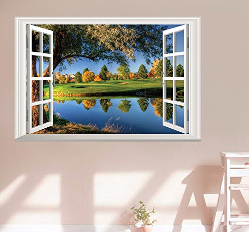 DNVEN 24x16 Inches 3D HD Peaceful Lake Nature Scenery Window Mural Vinyl Wall Decal