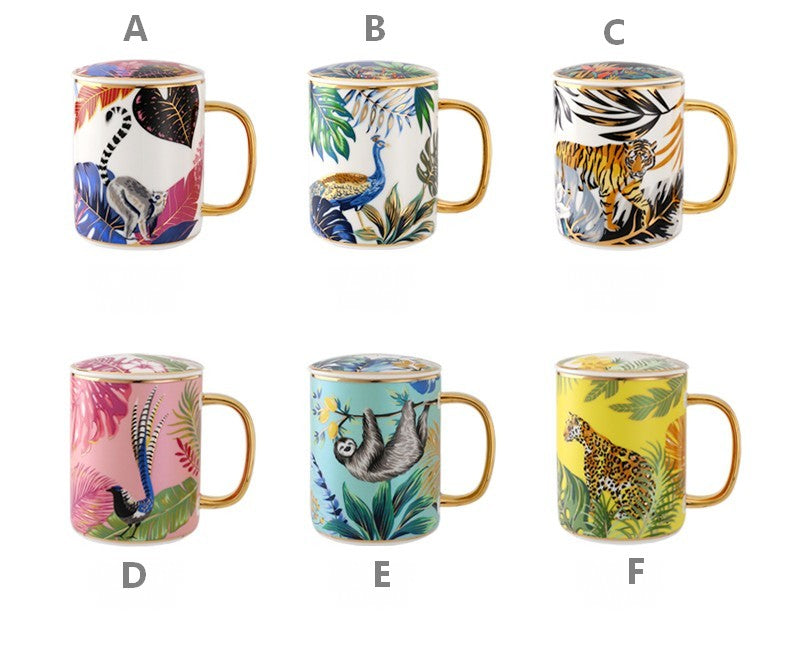 Large Capacity Jungle Animal Porcelain Mugs with Spoon and Cover in Gift Box