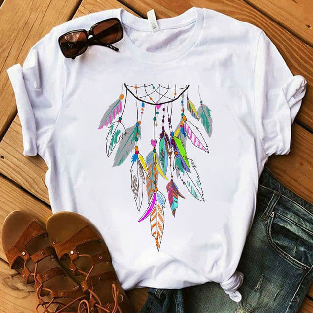 Women's Flower Dreamcatcher T-shirt - Harajuku O-Neck Casual Top