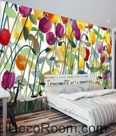 Abstract Poppy Flower Yellow Red Purple Wallpaper Wall Decals - Home Decor Gift