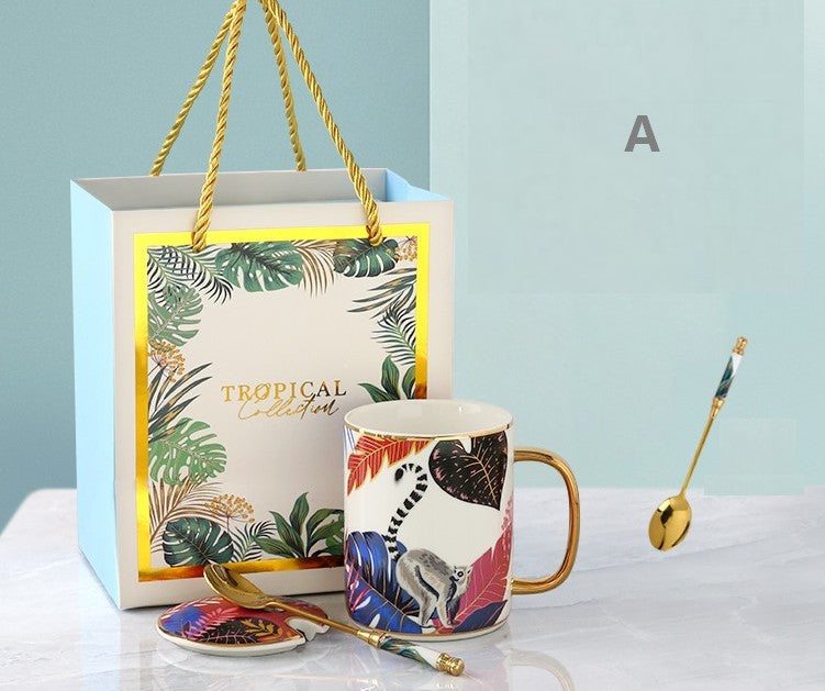 Large Capacity Jungle Animal Porcelain Mugs with Spoon and Cover in Gift Box