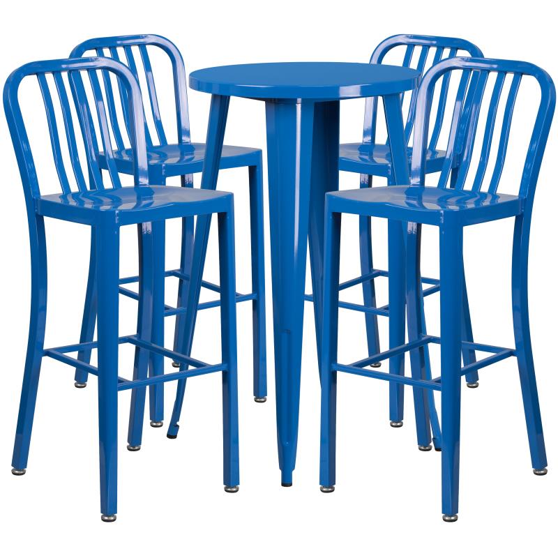 Richard Commercial Grade 24 Round Blue Metal Indoor-Outdoor Bar Table Set with 4 Stools
