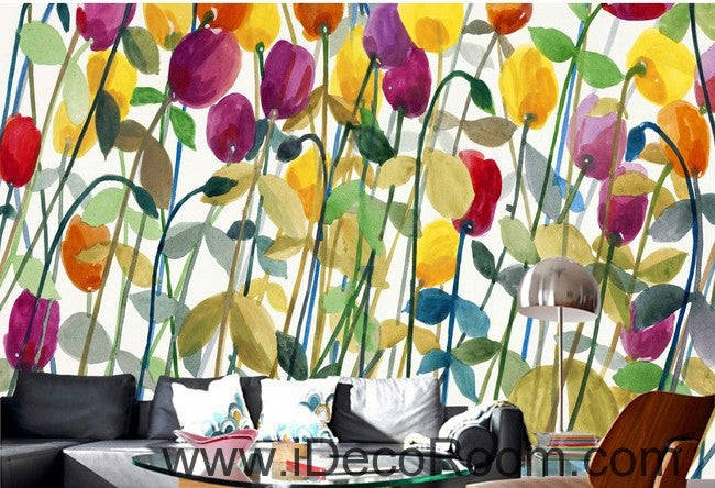 Abstract Poppy Flower Yellow Red Purple Wallpaper Wall Decals - Home Decor Gift
