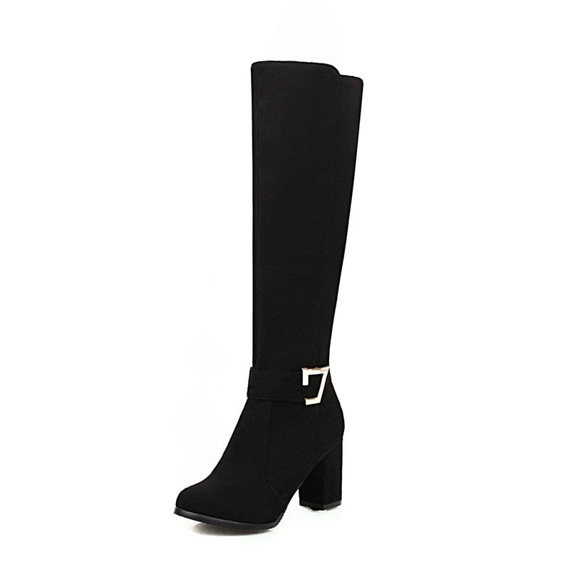 Llyge 2023 New Faux Suede Women Knee High Boots with Buckle and Square Heel for Autumn Winter