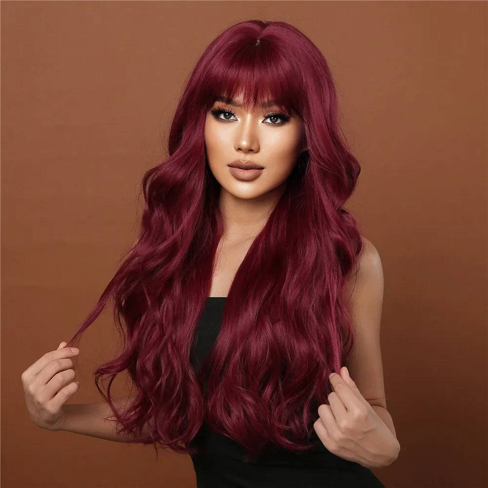 Wine Red Long Burgundy Wavy Wigs for Women with Bangs - Heat Resistant Synthetic Hair for Cosplay & Daily Use