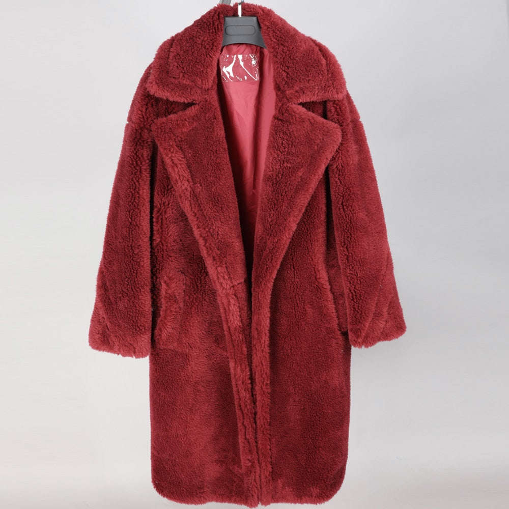 2020 Fashion Women's Winter Jacket - Natural Wool Sheepskin Long Teddy Bear Coat with Real Fox Fur