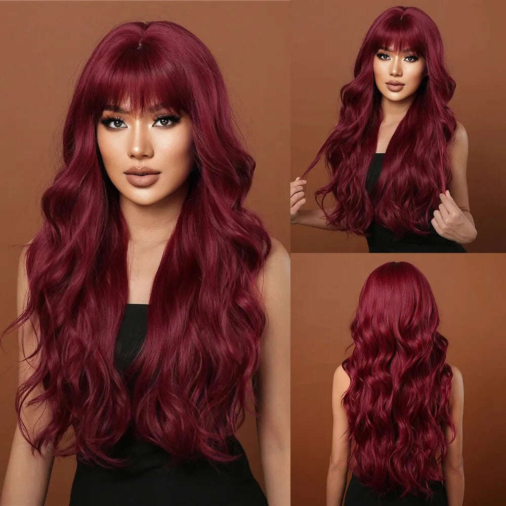 Wine Red Long Burgundy Wavy Wigs for Women with Bangs - Heat Resistant Synthetic Hair for Cosplay & Daily Use