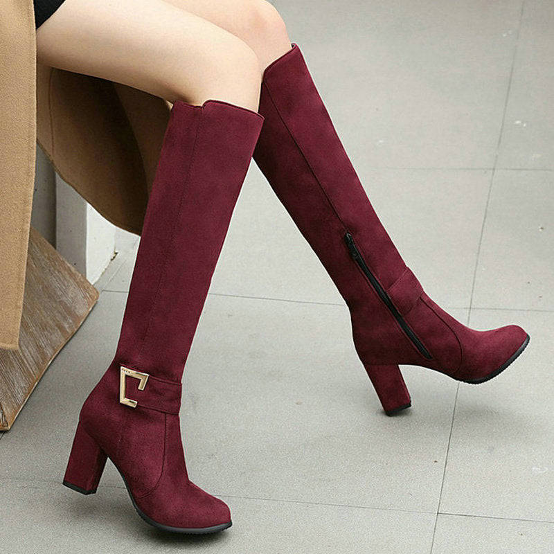 Llyge 2023 New Faux Suede Women Knee High Boots with Buckle and Square Heel for Autumn Winter