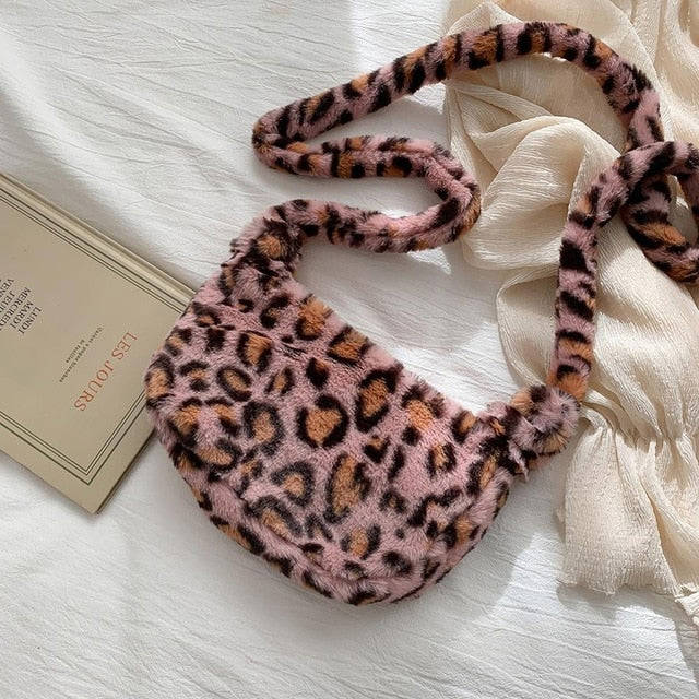 Fashion Leopard Plush Shoulder Bag for Women - Vintage Large Capacity Messenger Bag