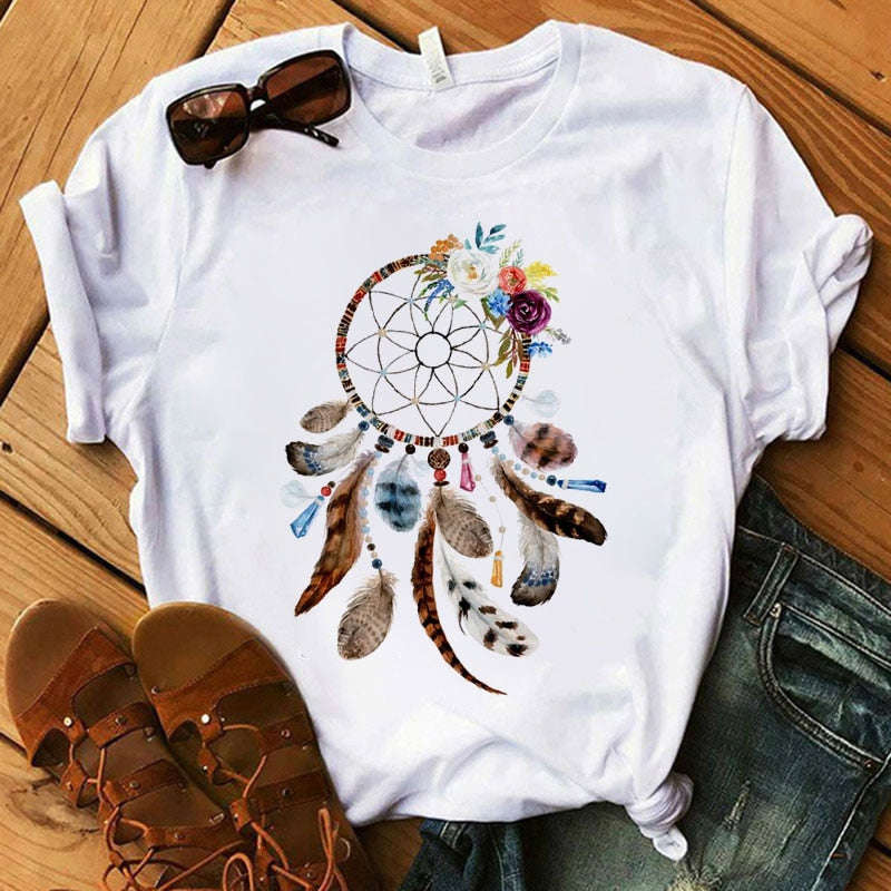 Women's Flower Dreamcatcher T-shirt - Harajuku O-Neck Casual Top