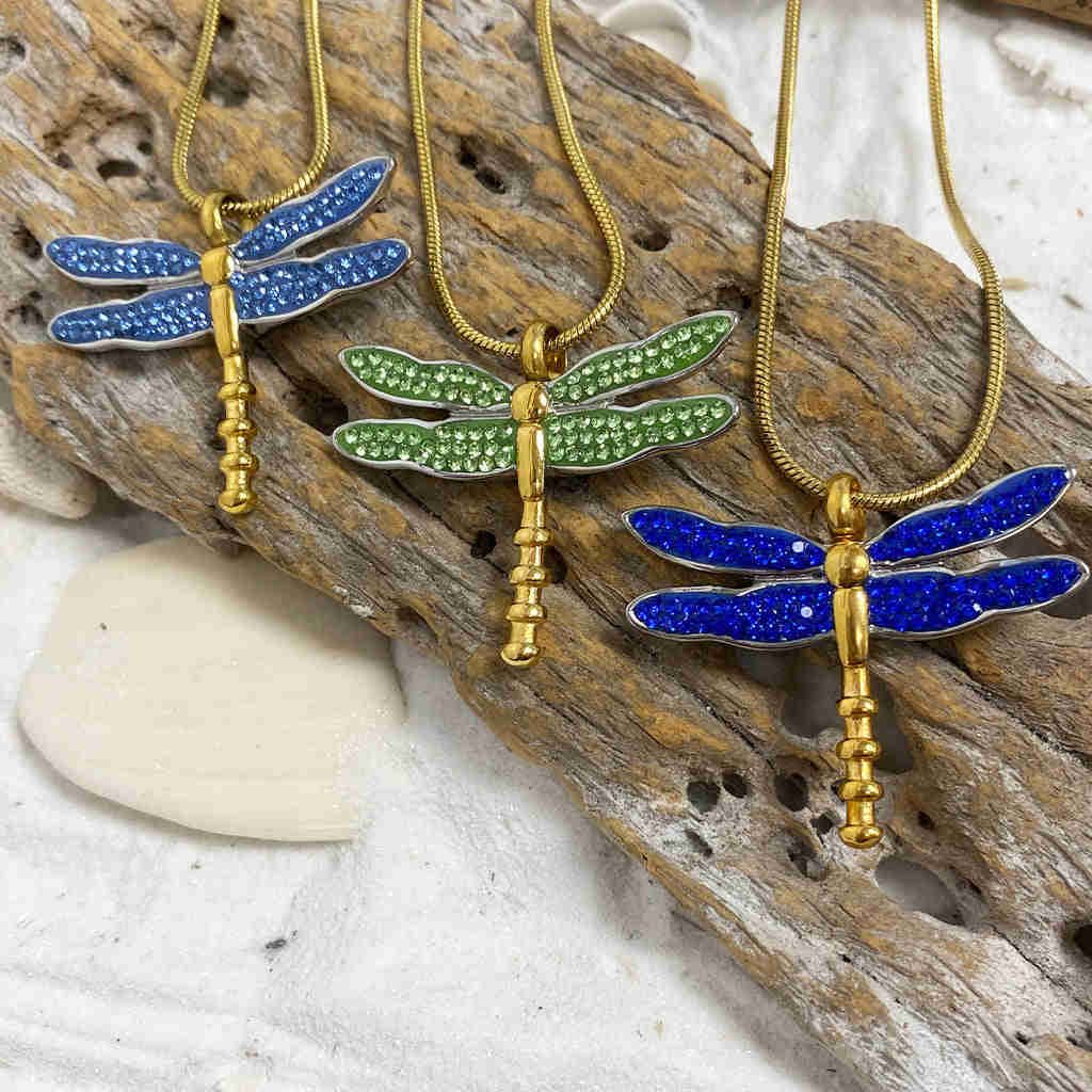 J-7149 - Winged Dragonfly Rhinestone Memorial Pendant with Gold-Tone Chain