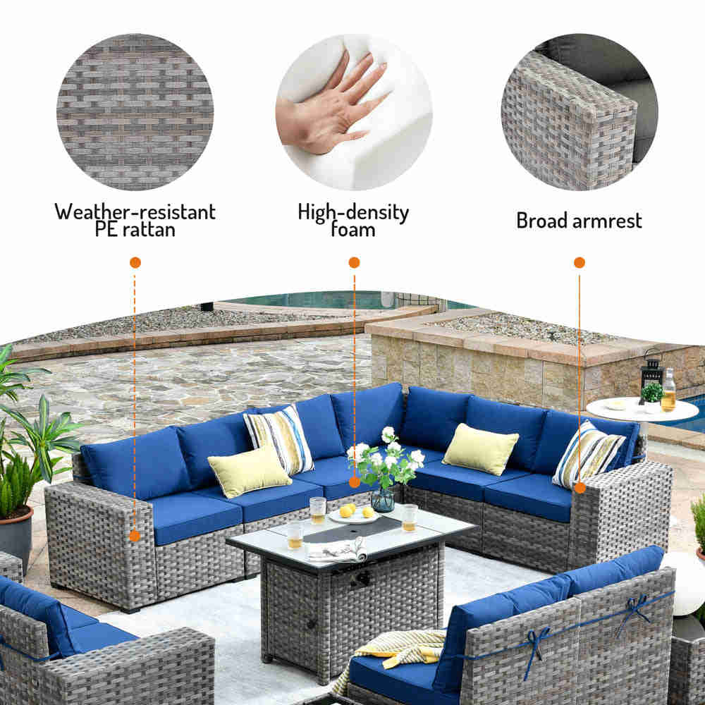Ovios 13 Pieces Outdoor Furniture Set with Broad Handrails and Fire Pit Table