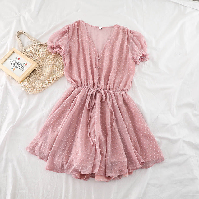 Women's Summer V-neck Lace Jumpsuit with Elastic Waist and Wide-legged Shorts