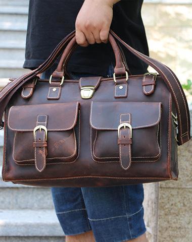 Vintage Brown Leather Large Men's Briefcase Weekender Travel Duffle Bag